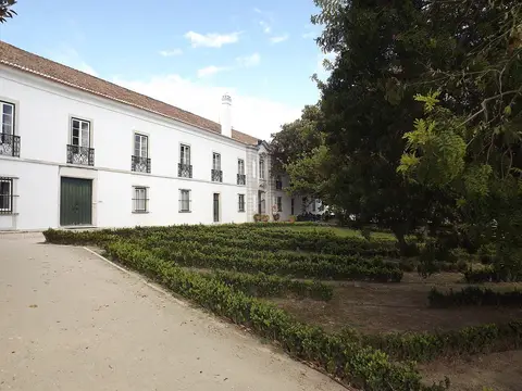 Fachada branca do palácio da Quinta Nossa Senhora da Piedade, com sebes aparadas e árvores no jardim