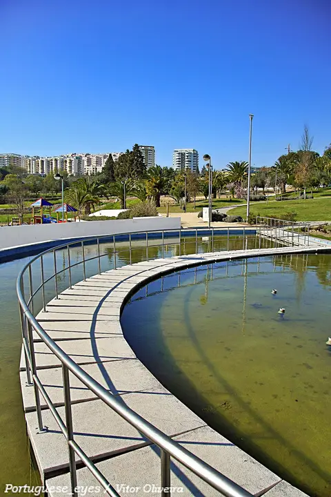 Passadiço curvo sobre lago em parque urbano, com relvado, palmeiras e prédios ao fundo