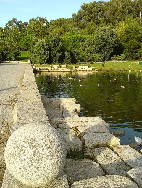 Lago com patos no Parque da Cidade do Porto, com margem de pedra e árvores ao fundo