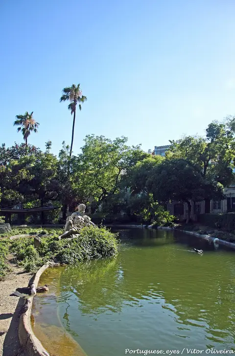 Lago do Jardim da Estrela com estátua, palmeiras e vegetação sob céu azul