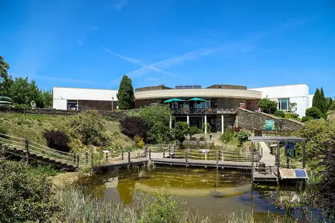 Edifício do Centro Ciência Viva da Floresta visto do lago exterior, com passadiços de madeira e esplanada.