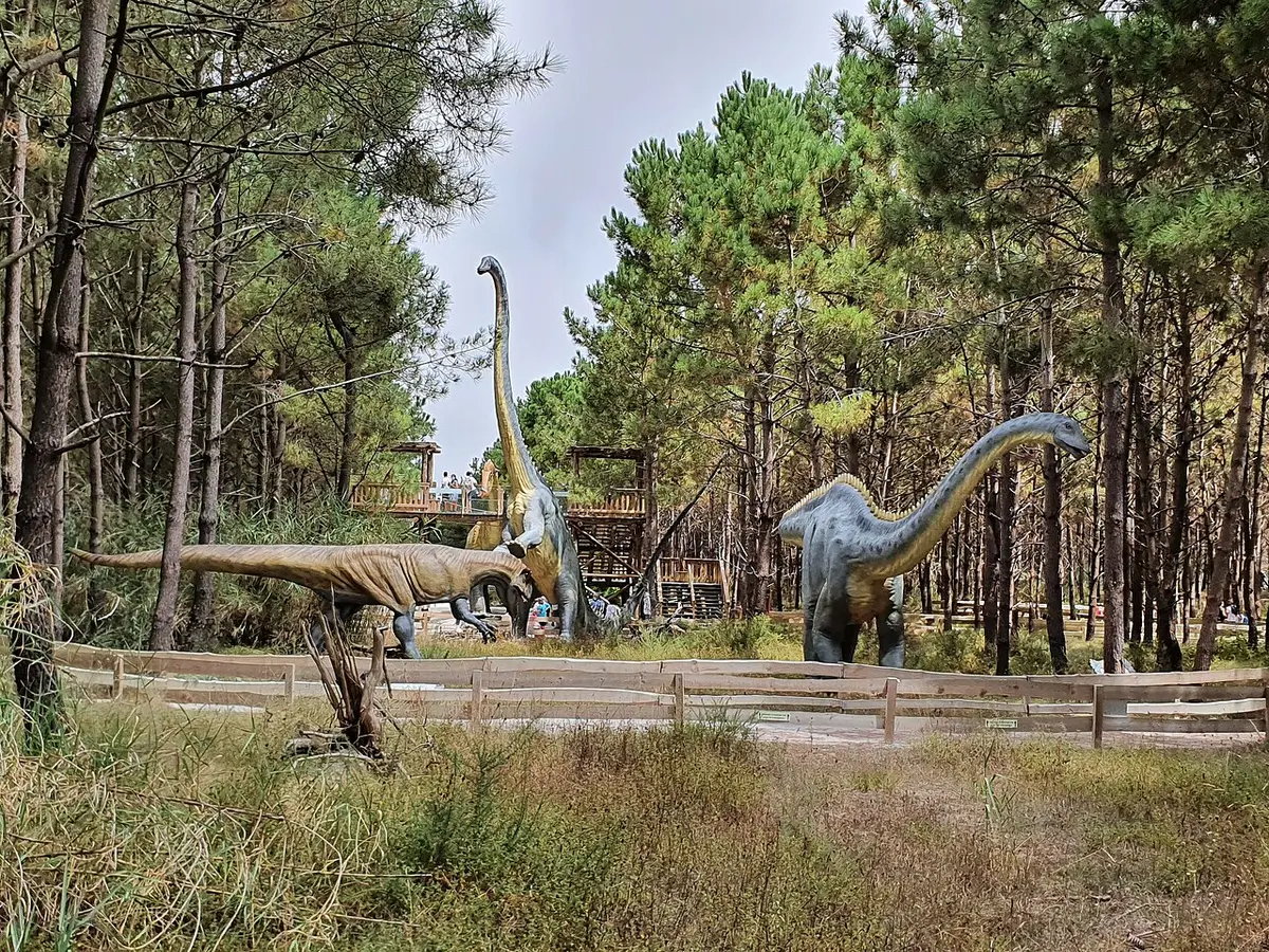 Réplicas de dinossauros em tamanho real num percurso ao ar livre entre pinheiros, no Dino Parque