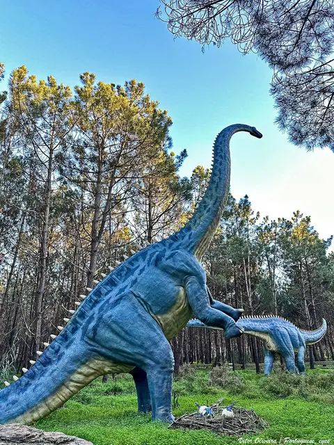 Réplicas de dinossauros saurópodes em tamanho real entre pinheiros, no Dino Parque da Lourinhã