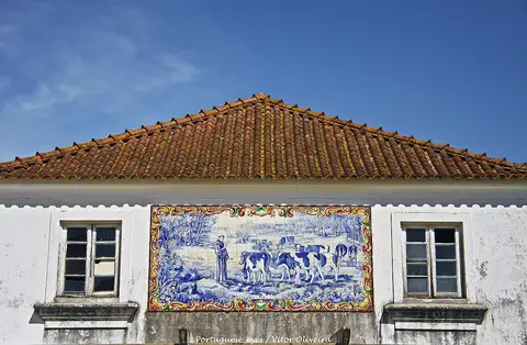 Fachada branca com painel de azulejos azuis e telhado de telha da Casa-Museu Egas Moniz, em Avanca